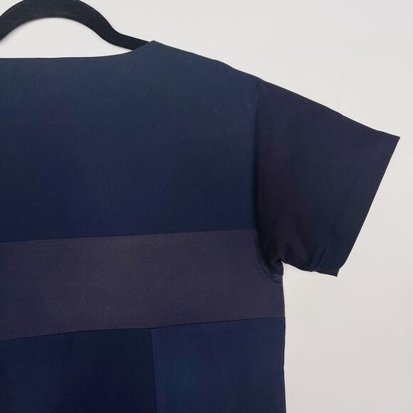 Eileen Fisher Small S Navy Blue Patchwork Short Sleeve Blouse Top Crew Neck Boxy - Picture 7 of 10